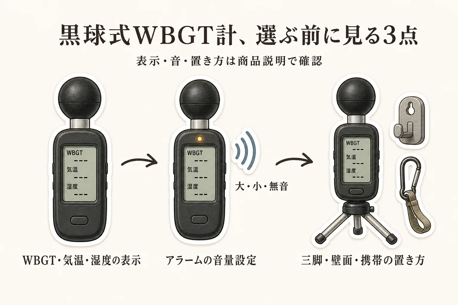 黒球式WBGT計を選ぶ前に確認する3点として、WBGT・気温・湿度の表示、アラームの大・小・無音の音量設定、三脚・壁面・携帯での置き方を黒球式WBGT計とアイコンで示す図。商品説明にある表示・音・置き方を確認する内容。