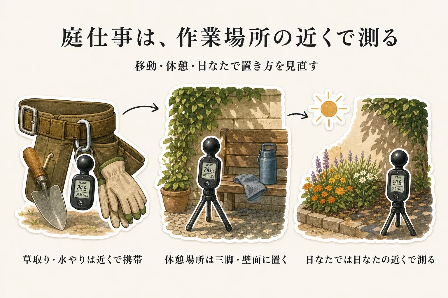 庭仕事で黒球式WBGT計を作業場所の近くで測る置き方として、草取り・水やりではベルトやカラビナで携帯し、休憩場所では三脚や壁面に置き、日なたでは日なたの近くで測る3場面を示す図。記事本文をもとに作成。