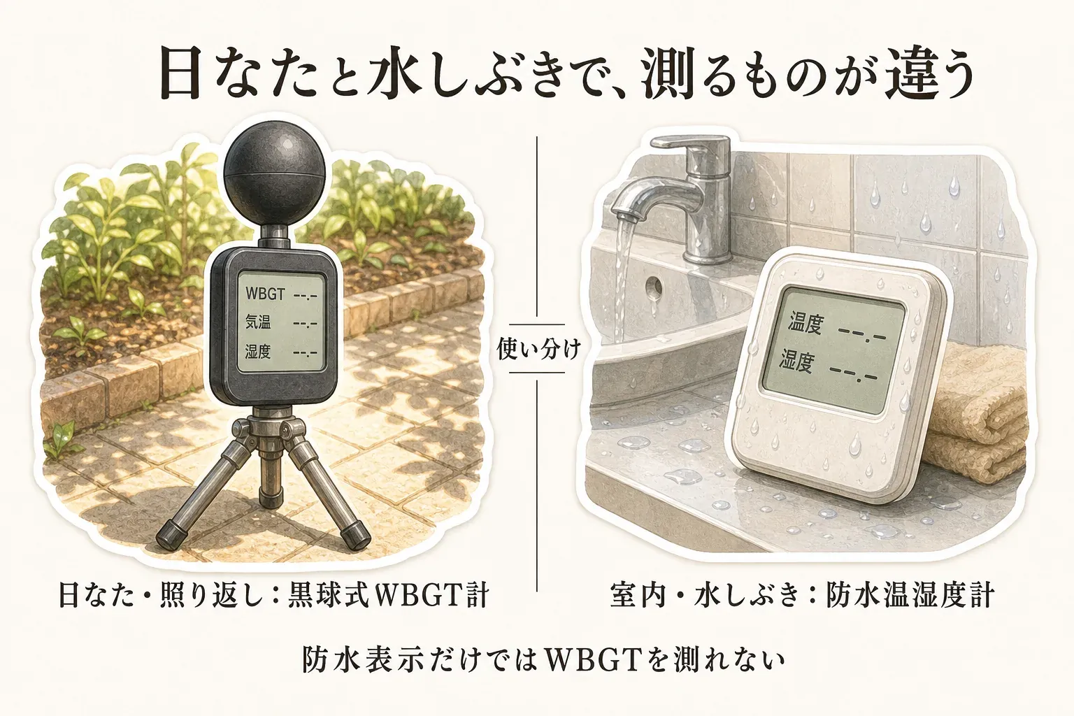 日なたや照り返しのある庭で黒球式WBGT計がWBGT・気温・湿度を測る場面と、水しぶきのある室内で防水温湿度計が温度・湿度を測る場面を並べ、防水表示だけではWBGTを測れないことを示す図。