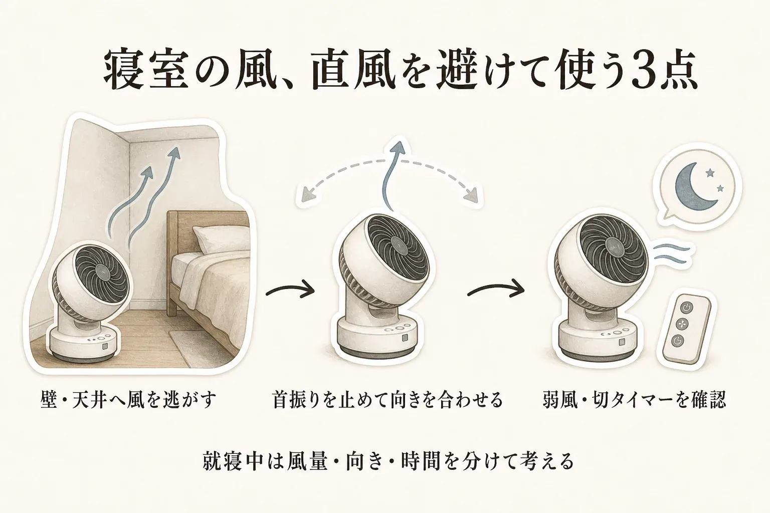 就寝中にサーキュレーターを使う置き方を示す図。ベッドへ風を直接当てず、壁または天井へ弱い風を向け、首振りを止めるか必要な範囲にし、切タイマーを設定する様子を示す。