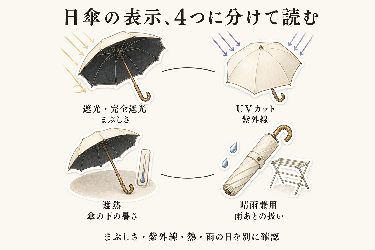 日傘の表示を4つに分け、日差しの矢印を受ける傘で遮光・完全遮光はまぶしさ、紫外線の矢印を受ける傘でUVカットは紫外線、温度計の横の傘で遮熱は傘の下の暑さ、雨滴と物干し台の横の折りたたみ傘で晴雨兼用は雨あとの扱いを確認することを示す図。