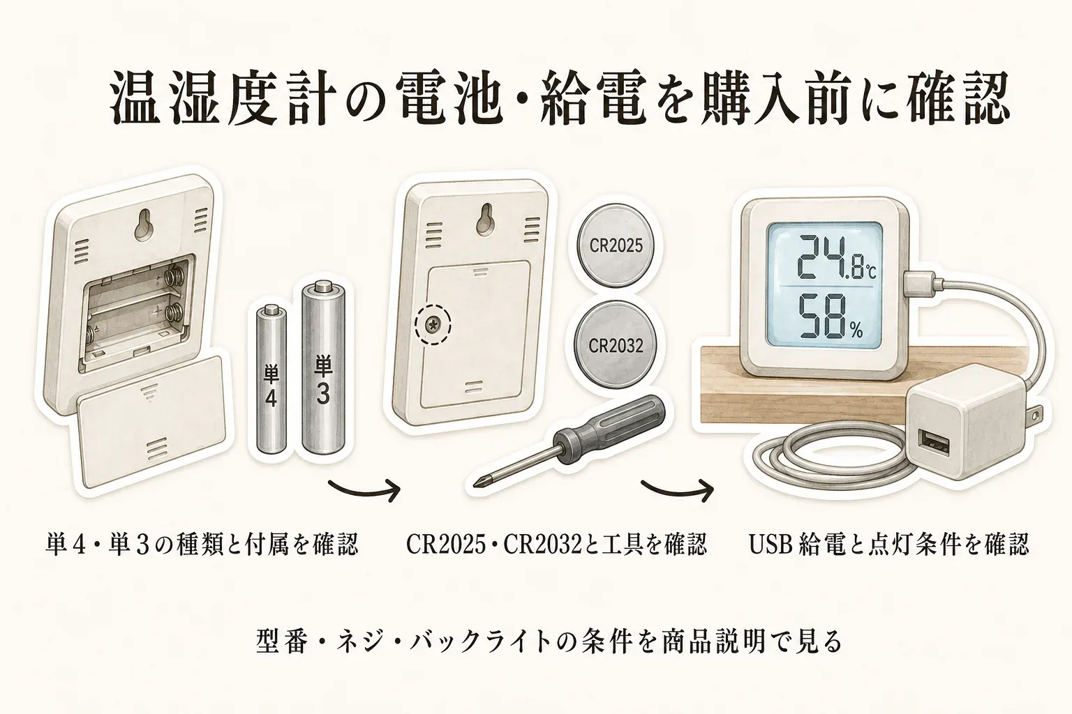 温湿度計の背面にある単4・単3電池ボックス、CR2025・CR2032のコイン形電池と交換用ドライバー、USBケーブルで給電して表示を点灯する温湿度計を並べた図。購入前に電池の型番、ネジや工具、USB給電とバックライトの点灯条件を確認することを示す。