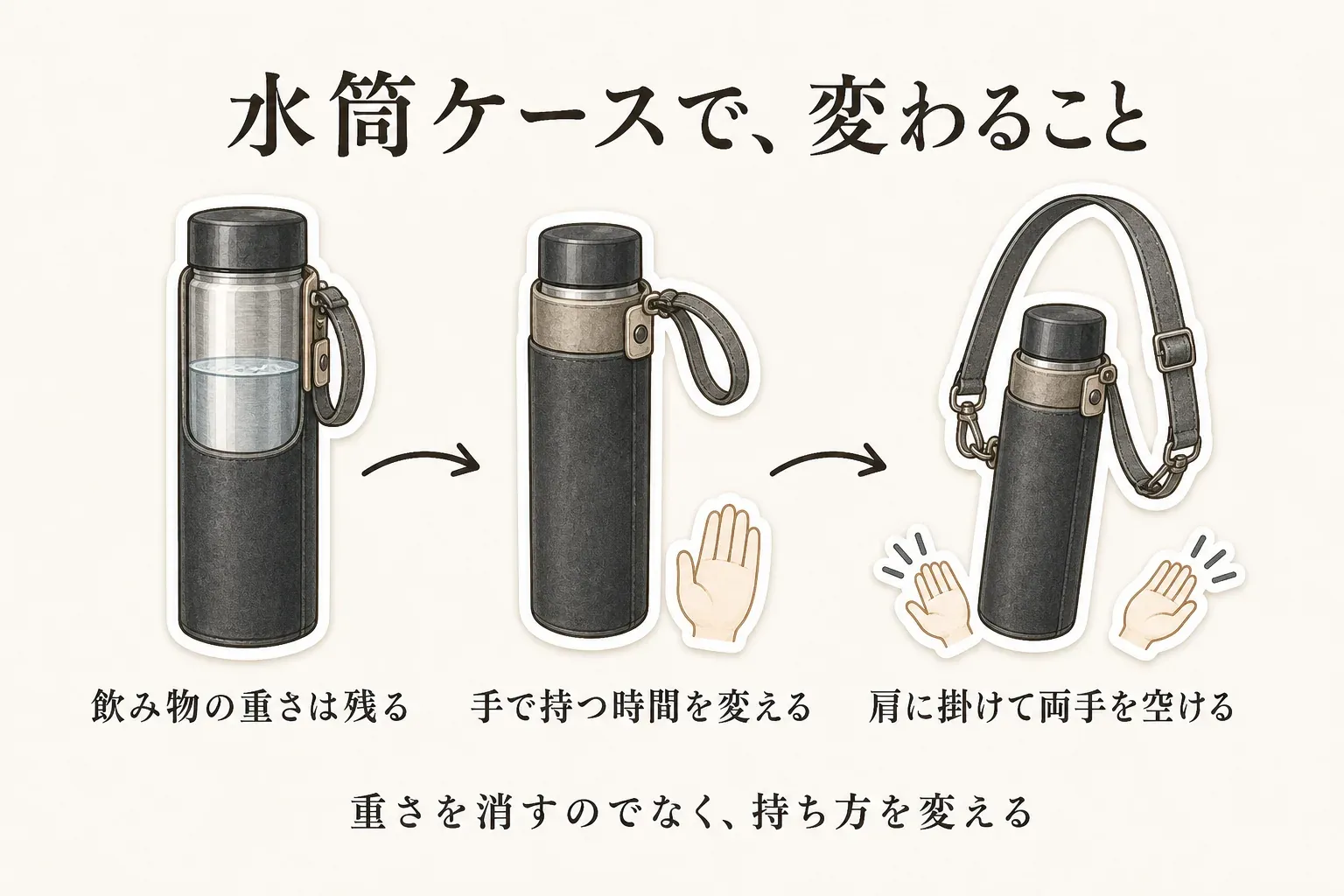 水筒ケースを付けても飲み物の重さは残ること、手で持つ時間を変えられること、ショルダーストラップで肩に掛けて両手を空けられることを、3つのボトルの図で示した図。重さを消すのではなく持ち方を変えることを説明している。