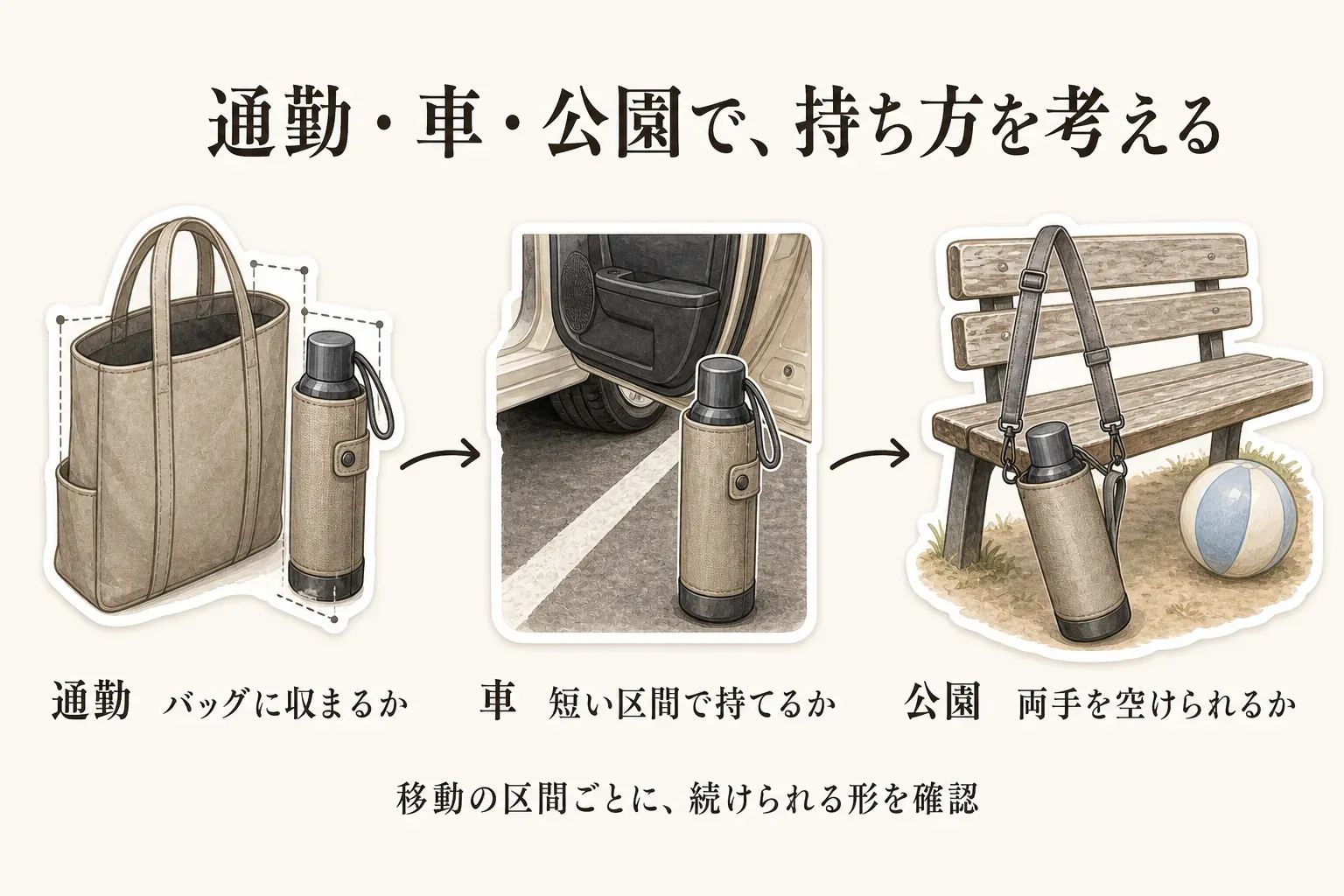 通勤では水筒ケースがバッグに収まるか、車移動では駐車場から目的地までの短い区間で持てるか、公園ではショルダーストラップで両手を空けられるかを、バッグ・車のドア・公園のベンチとボールの絵で示した図。移動の区間ごとに続けられる持ち方を確認する内容。