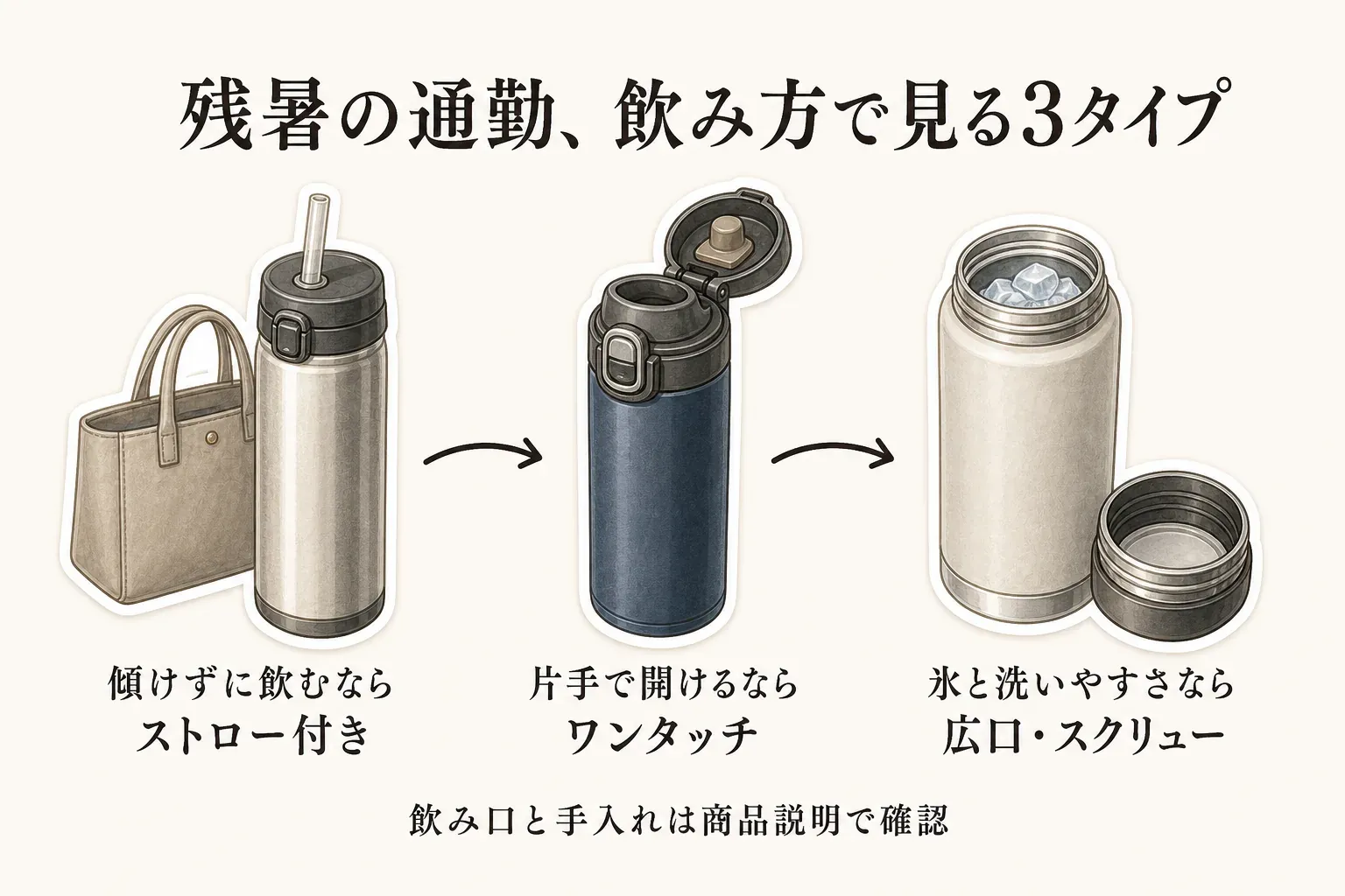 残暑の通勤で保冷ボトルを飲み方から選ぶ3タイプの図。バッグとストロー付きボトルに「傾けずに飲むならストロー付き」、開いたフタのワンタッチボトルに「片手で開けるならワンタッチ」、氷の入った広口ボトルとスクリューキャップに「氷と洗いやすさなら広口・スクリュー」と示し、飲み口と手入れは商品説明で確認するよう案内している。
