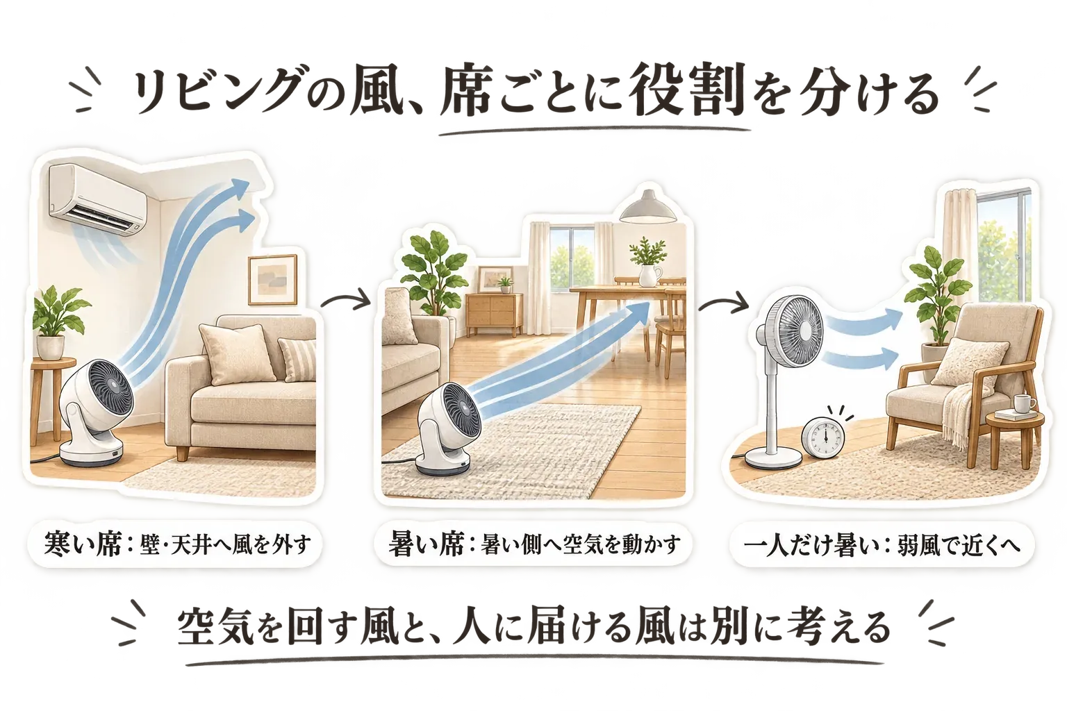 リビングの席ごとに送風の役割を分ける図。エアコンの近くで寒い席ではサーキュレーターを壁や天井へ向け、暑い席では暑い側へ空気を動かし、一人だけ暑いときは扇風機を近くから弱風で送る様子を示す。