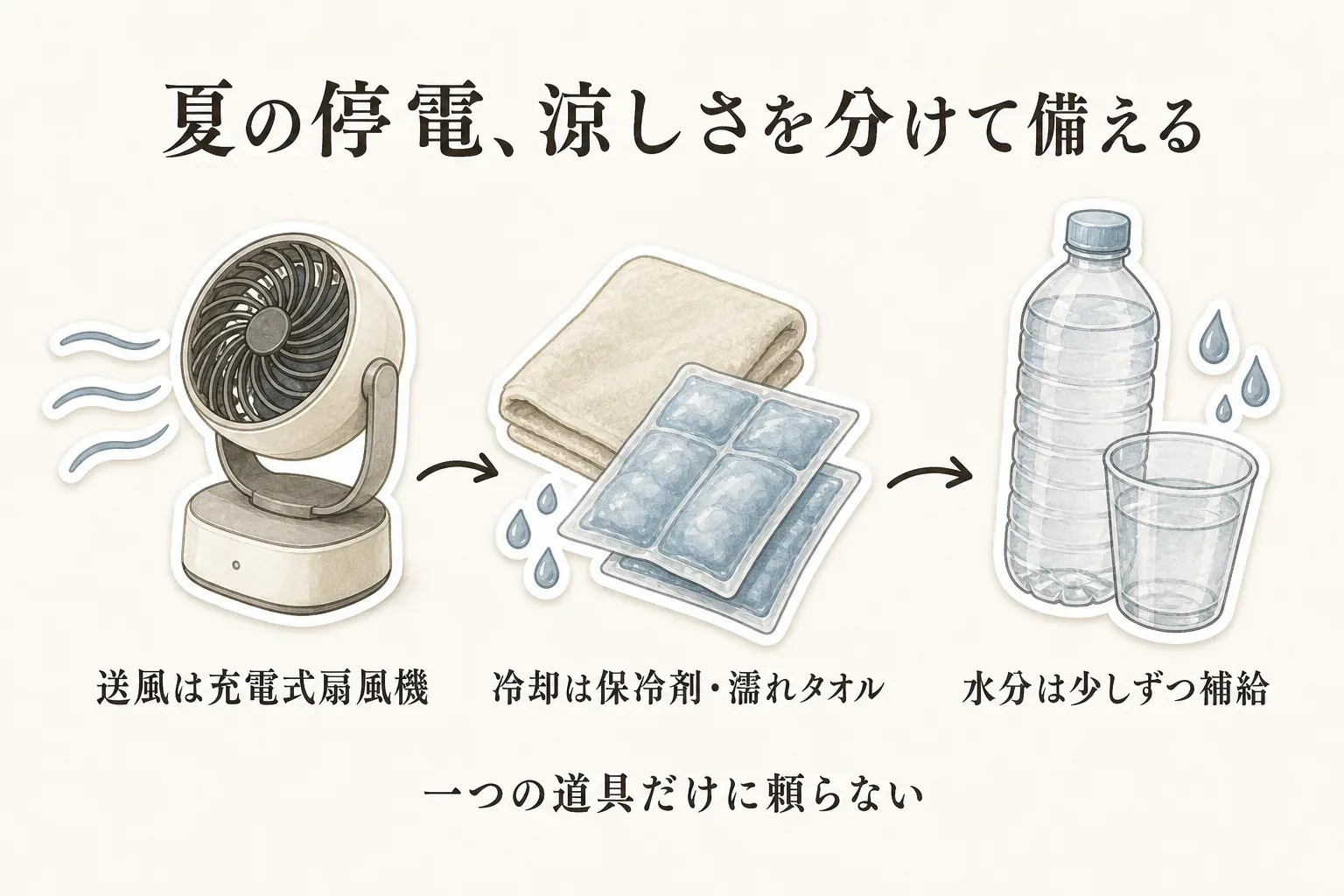 夏の停電時の涼しさを、充電式扇風機による送風、保冷剤と濡れタオルによる体の冷却、水を少しずつ飲む水分補給に分けて示す図。一つの道具だけに頼らず、三つの役割を組み合わせることを表している。