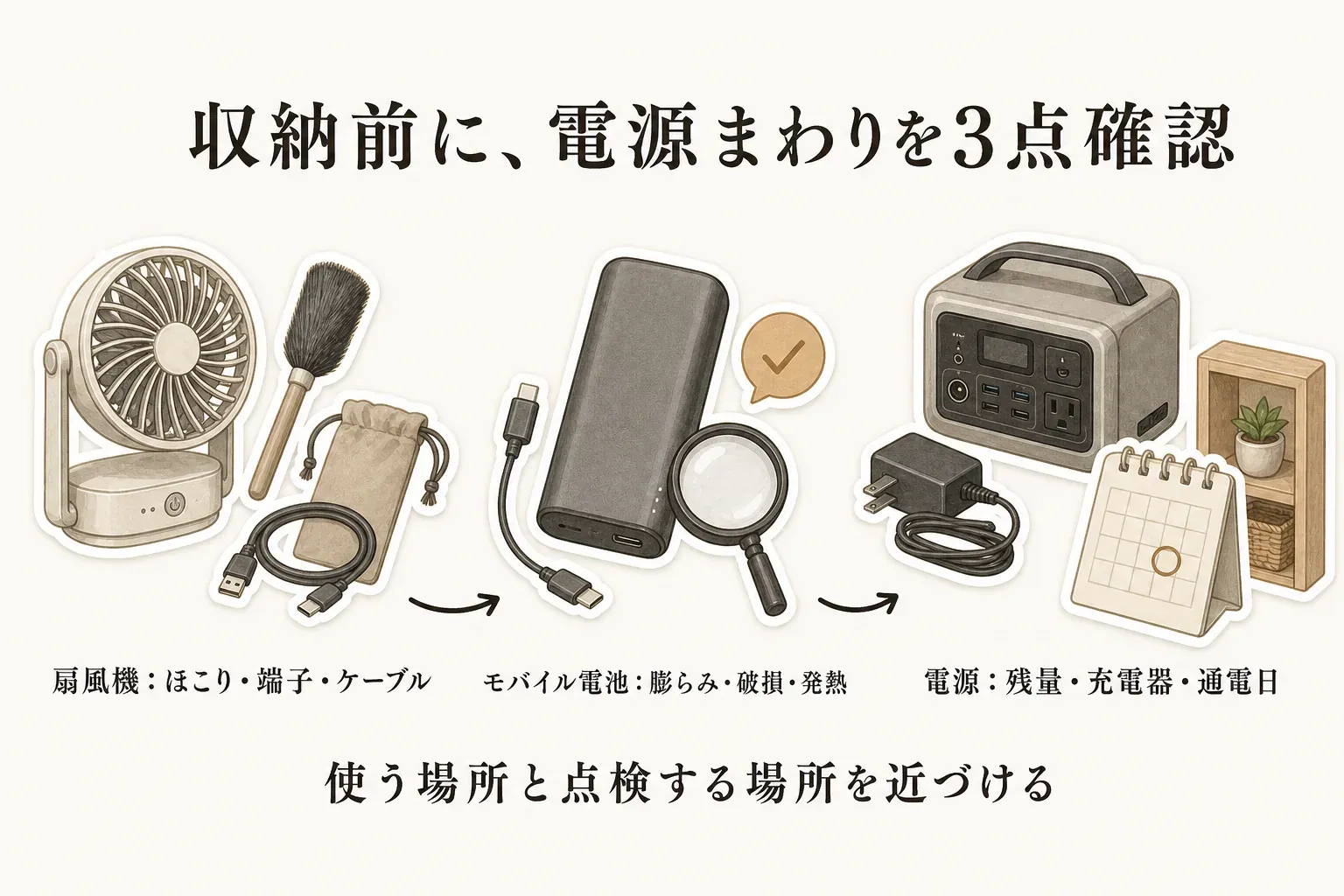 収納前に確認する三つの点として、扇風機のほこり・端子・ケーブル、モバイルバッテリーの膨らみ・破損・発熱、ポータブル電源の残量・充電器・次回の通電日を示す図。使う場所と点検する場所を近づけることを表している。