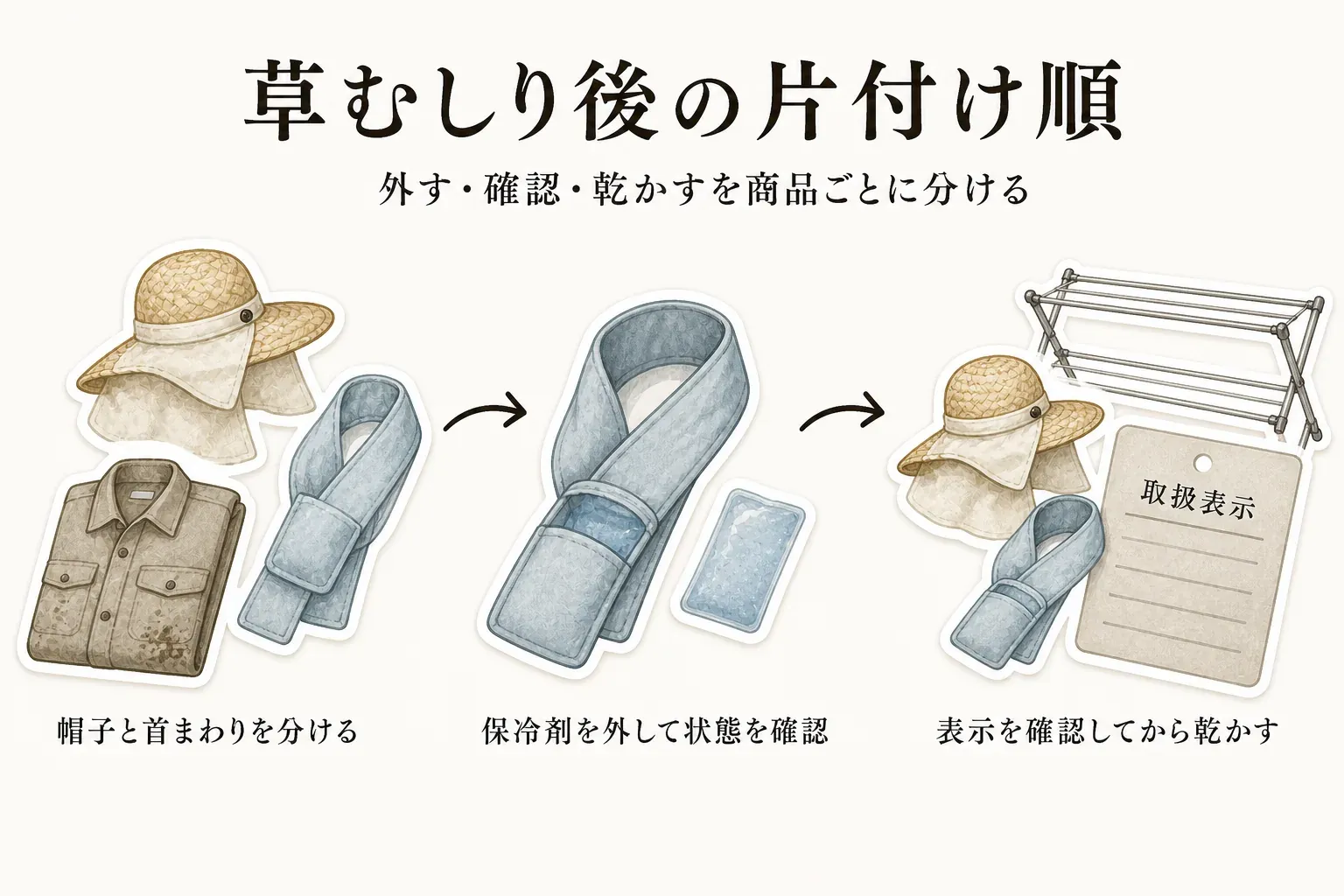 草むしり後の片付け順を、帽子と首まわり用品を作業着から分ける、保冷剤スカーフから保冷剤を外して状態を確認する、取扱表示を確認してから帽子とスカーフを乾かす3段階で示す図。記事本文をもとに作成。