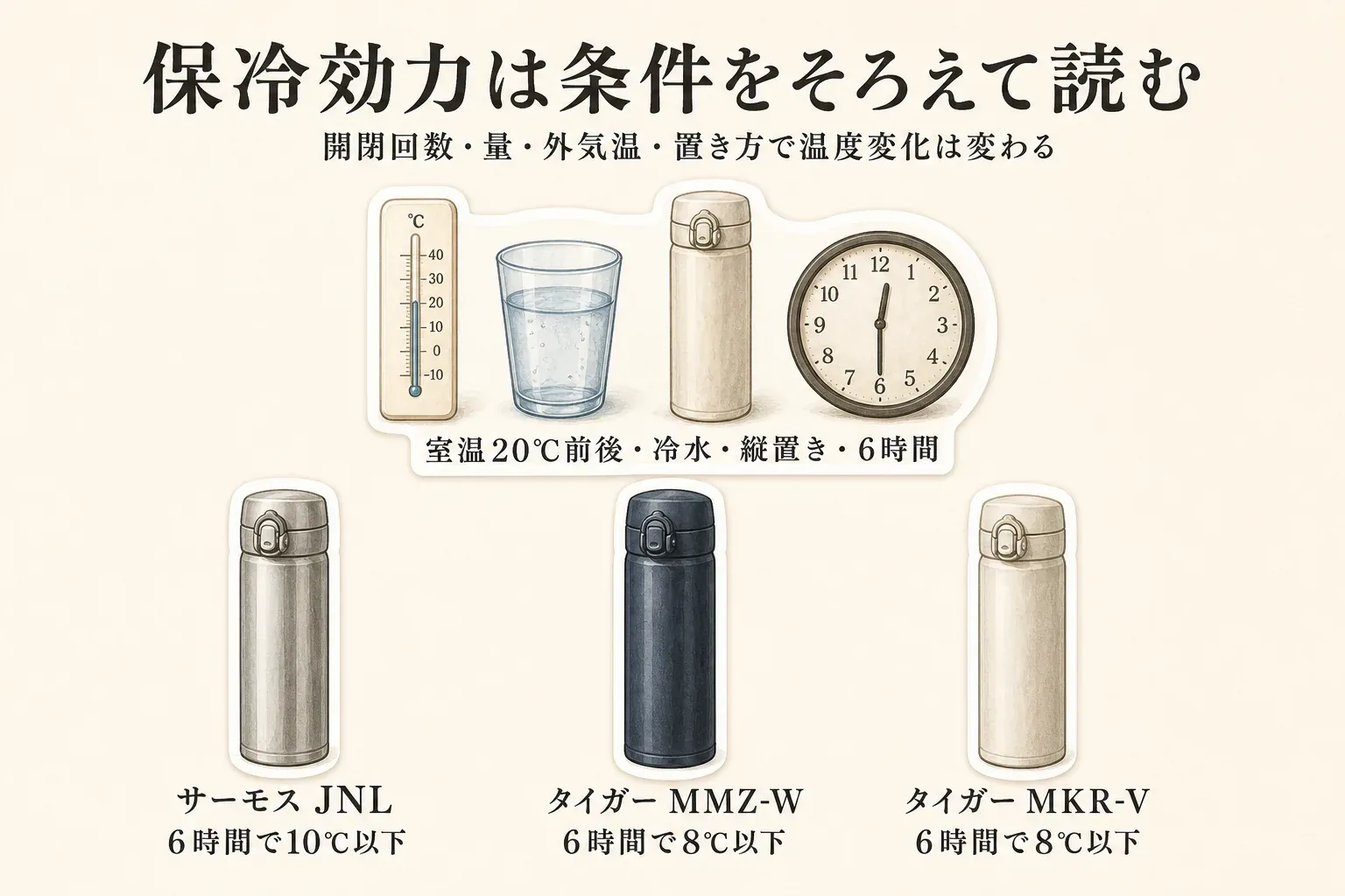 保冷効力を条件をそろえて読む図。室温20℃前後で冷水を入れたボトルを縦置きし6時間後に測る条件と、サーモス JNLは6時間で10℃以下、タイガー MMZ-WとMKR-Vは6時間で8℃以下というメーカー表示を示す。開閉回数・飲み物の量・外気温・置き方で温度変化が変わることを示す。